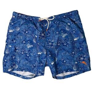 TOMMY BAHAMA BLUE TROPICAL PRINT MENS SWIM SHORTS LINED XL EUC
